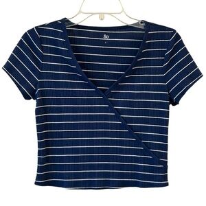 So Navy With Small white horizontal pinstripes Crop Short Sleeve V-Neck Small 💙